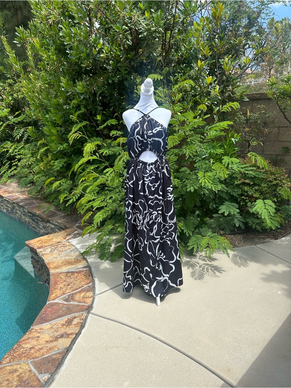 Black & White Floral Halter Cutout Maxi Dress by